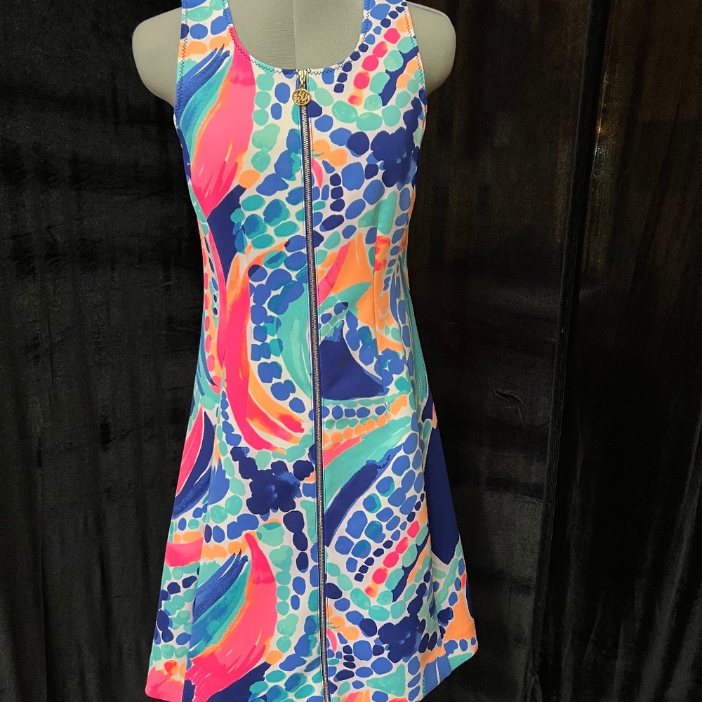 Lilly Pulitzer Ocean Jewels Neon Sally Scuba Knit Zip Fit & Flare Dress Small